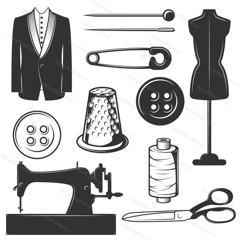 Vector set of vintage tailor symbols, icons isolated on white background. Black templates for logos and print.