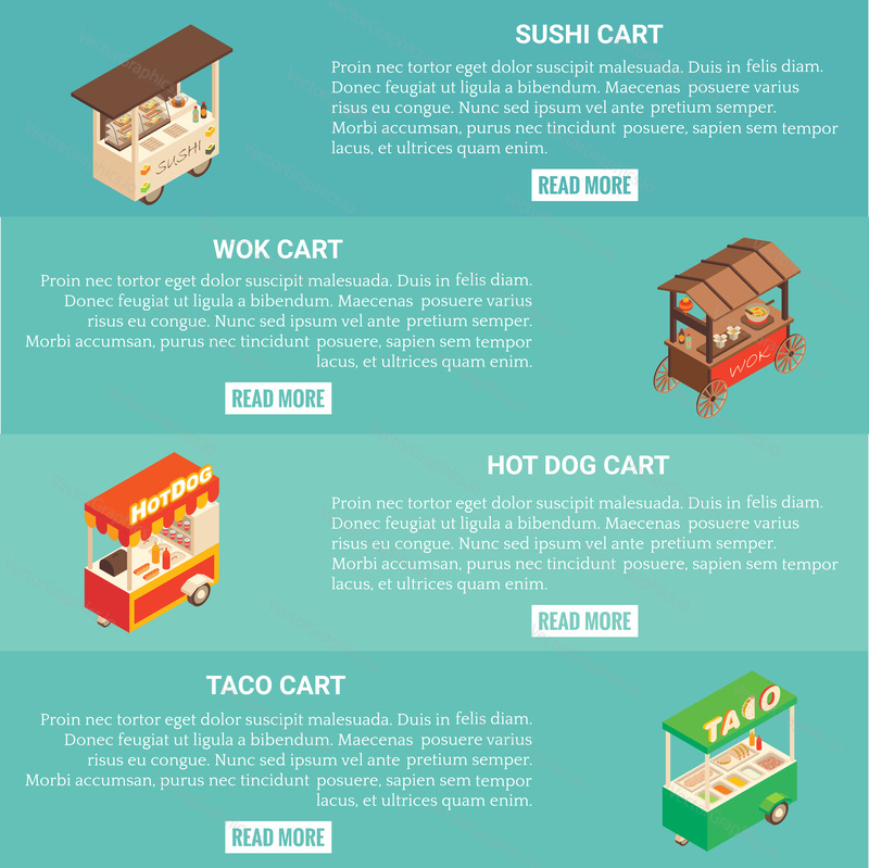 Vector set of fast food cart horizontal banners. Sushi, wok, hot dog and taco cart isometric icons, place for text.