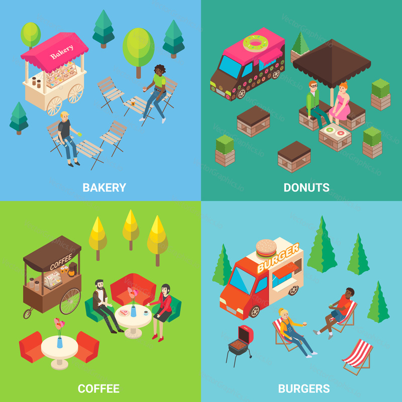 Vector set of street food concept square posters or banners with donut and burger trucks, bakery and coffee carts. Fast food mobile shops and buyers isometric icons.