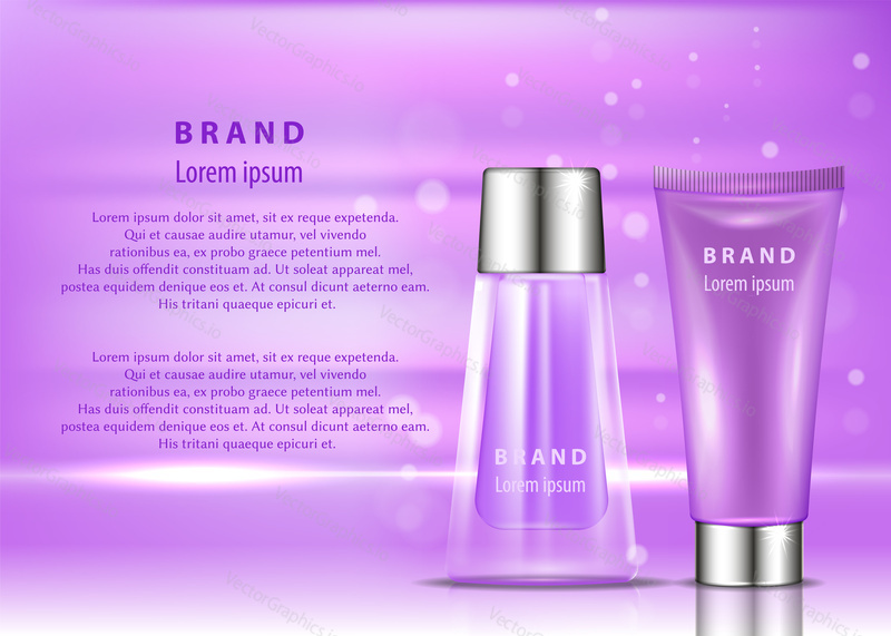 Cosmetic products ad. Vector 3d illustration. Skin care bottle template design. Face and body make up cream and lotion.