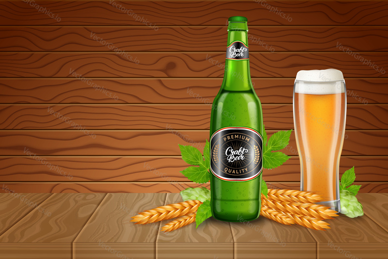 Poster ads template with realistic tall beer glass, malted, hops and bottle with classic light beer on a wood desks background. Vector illustration of a 3d style.