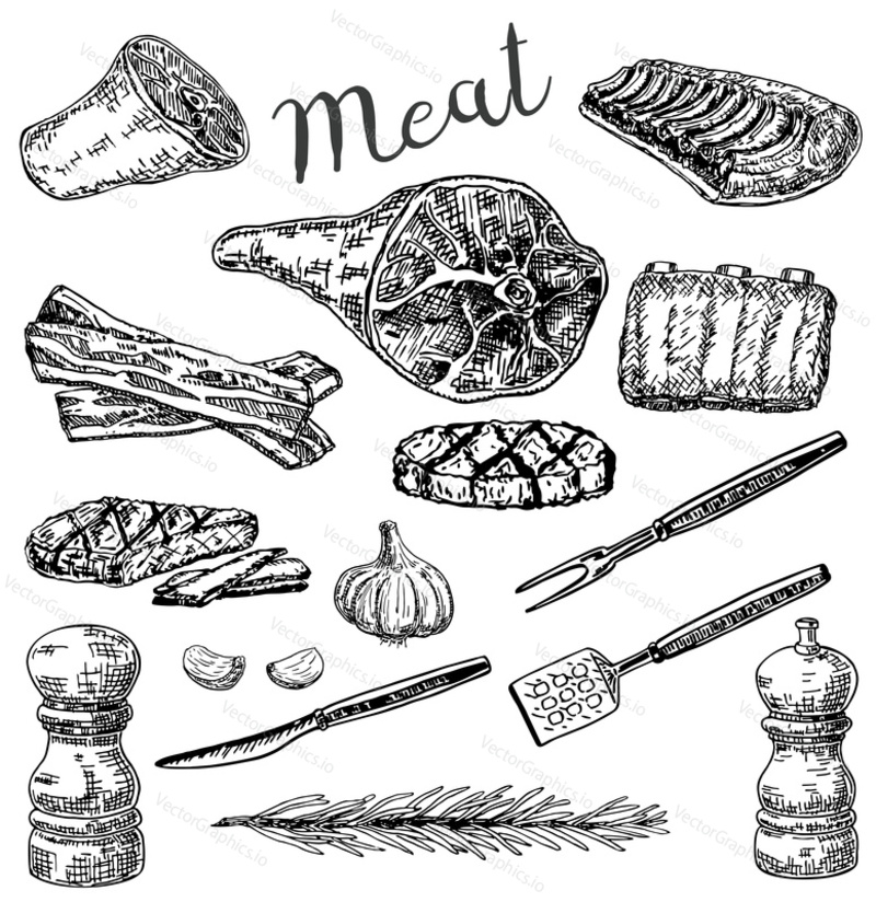 Vector ink hand drawn meat products set. Meat, bacon, herb and spices vintage sketch illustration for recipe, menu and print.