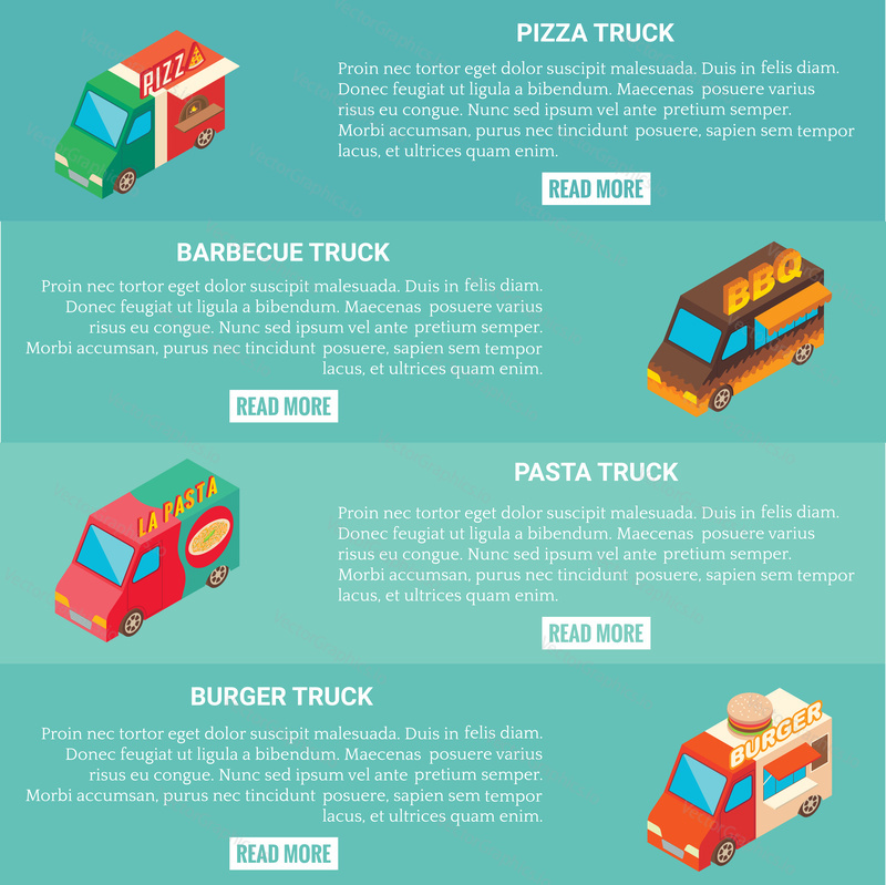 Vector set of fast food truck horizontal banners. Pizza, barbecue, pasta and burger truck isometric icons, place for text.