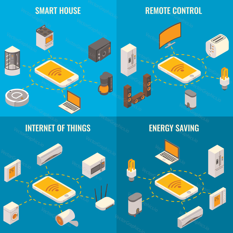 Vector set of smart home concept posters. Smart house, Remote control, Internet of things and Energy saving flat 3d isometric templates.