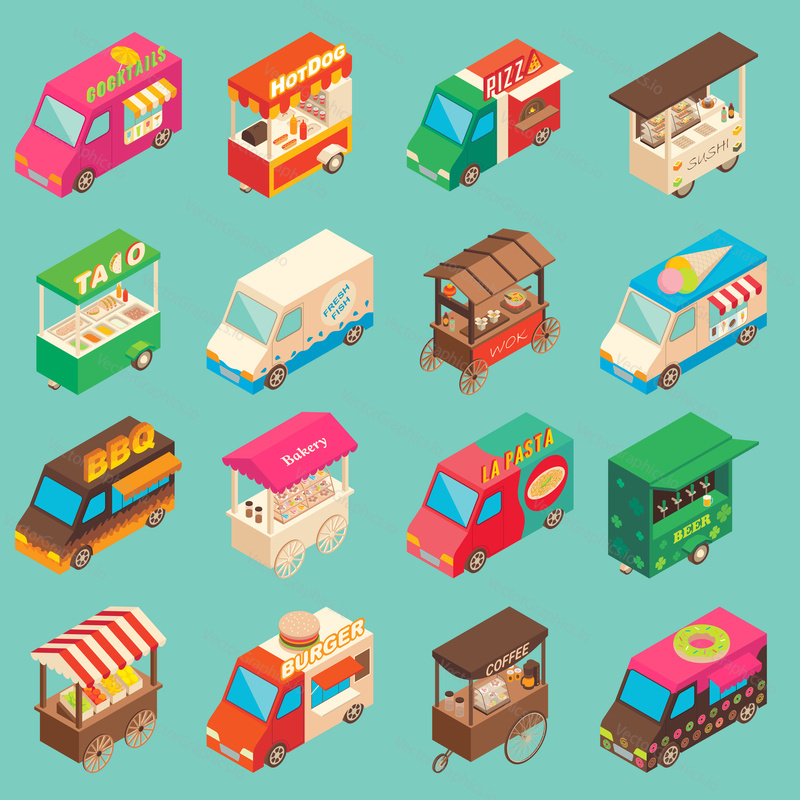 Vector set of street food truck and cart isometric icons. Fast food mobile shops for street food festivals.