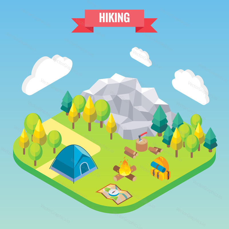 Hiking in mountain forest isometric concept. Vector illustration in flat 3d style. Outdoor activity.