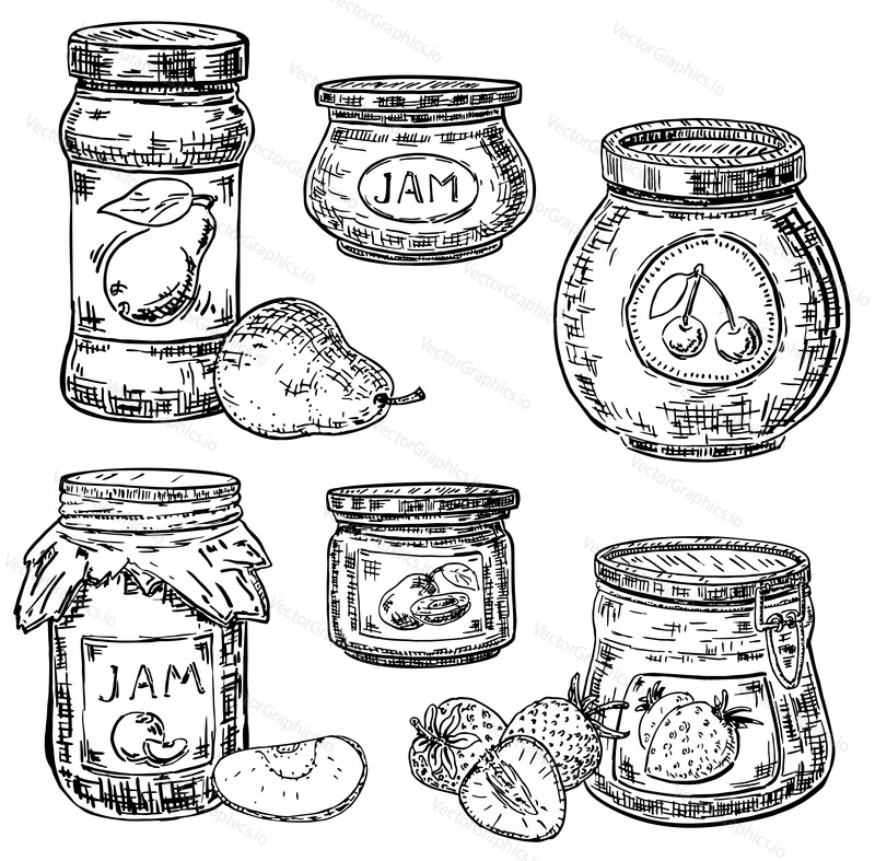 Vector ink hand drawn style jam jar icon set. Strawberry, peach, pear, cherry preserves. Jam glass jar with metal cap and kraft paper wrapped lid. Vintage sketch illustration for recipe, menu, print.