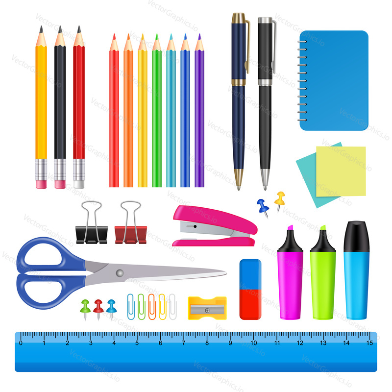Vector realistic stationery icon set. School and office supplies.