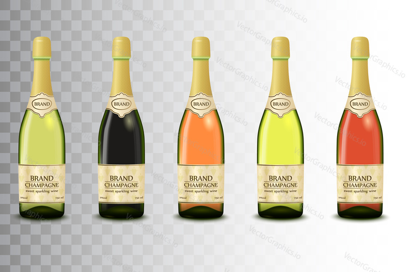 Vector set of different champagne wine bottles on transparent background.