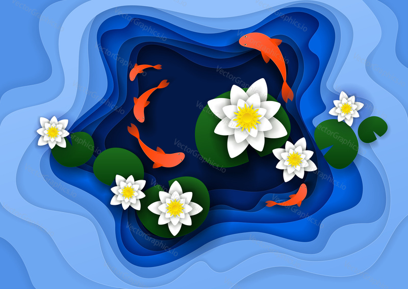 Abstract floral background with lotus water lily flowers, koi fish, water pond. Vector illustration in paper cut style.