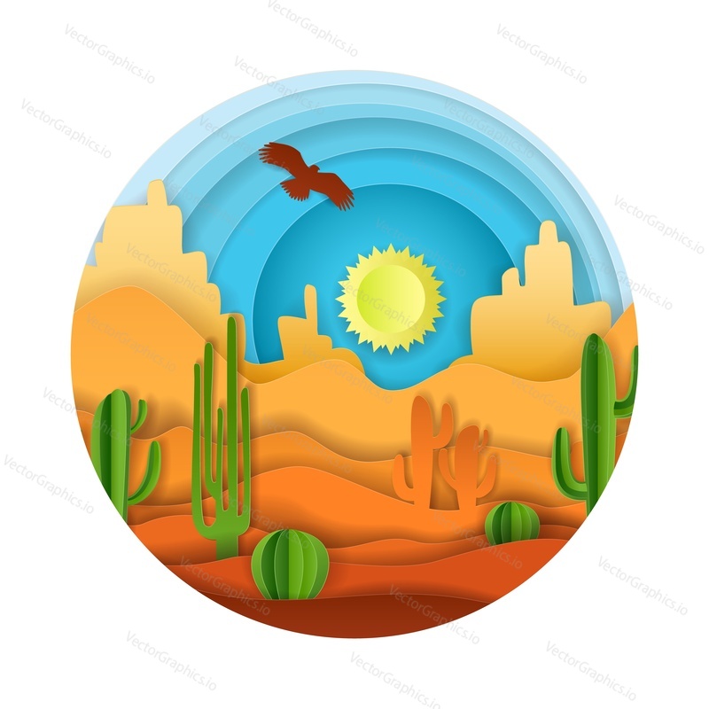 Desert landscape with cactuses, flying eagle and sun shining in sky. Vector illustration in paper art style.