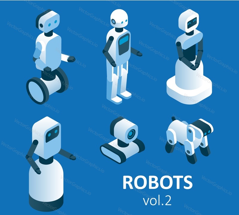 Isometric modern robotics icon set. Vector isolated illustration. Household, service, industrial and security robots. Cute humanoid male and female robots, robot dog.