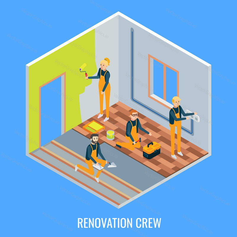 Renovation crew vector flat isometric sectional view illustration. Cut away house room interior with workers painting walls, installing laminate and electric sockets.
