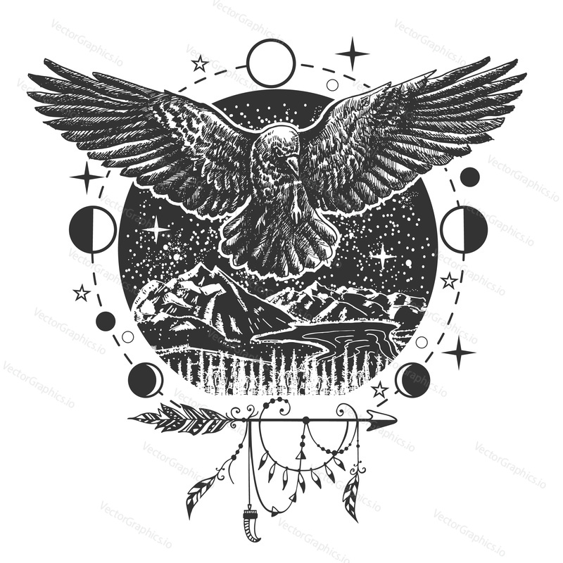 Vector raven bird tattoo or t-shirt print design. Sketch black raven with spread wings combined with nature, moon phases and boho elements.