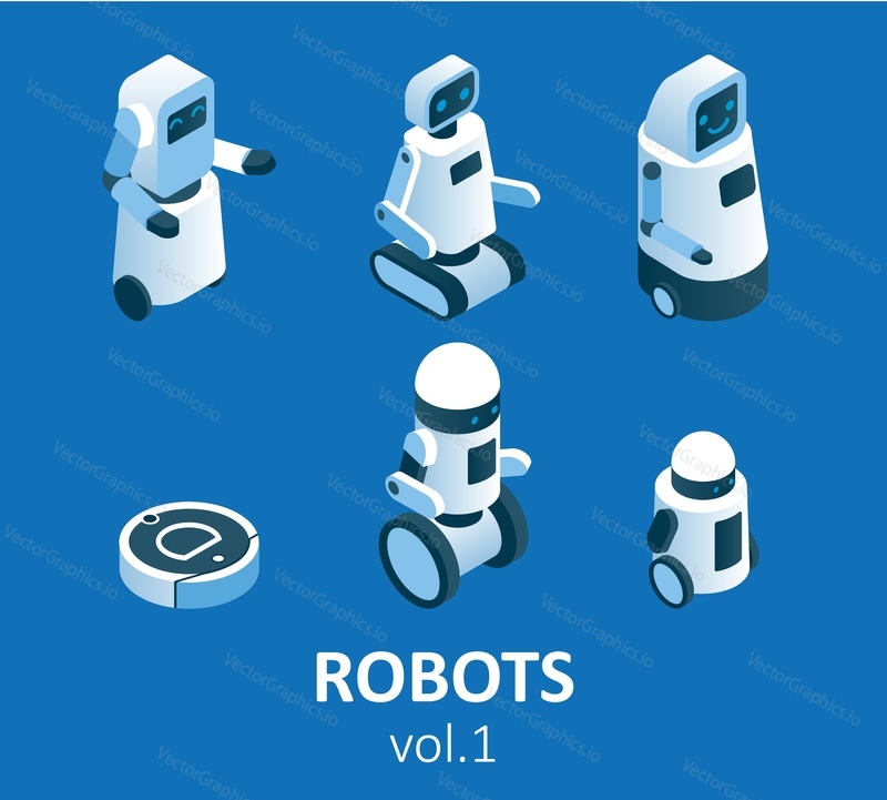 Isometric modern robotics icon set. Vector isolated illustration. Household, service, industrial and security robots.