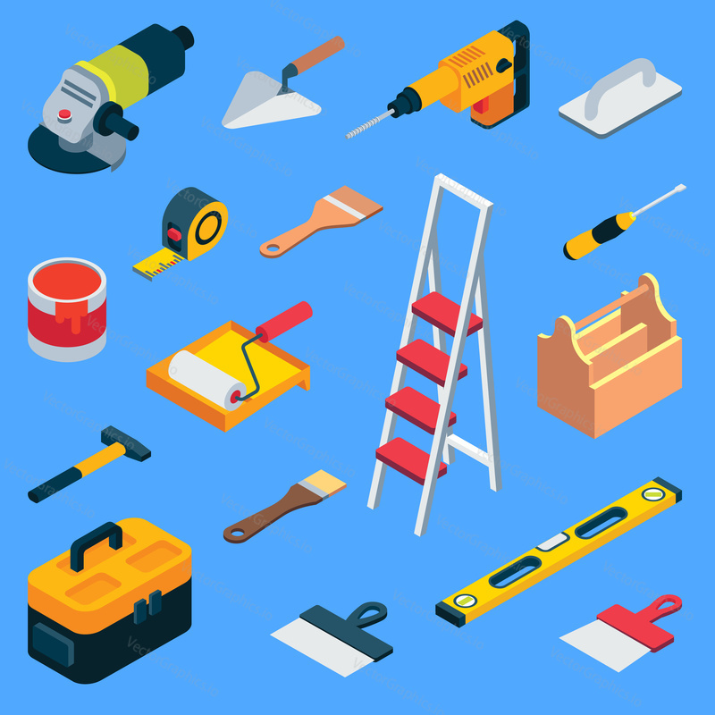 Home repair tool kit. Vector flat isometric repair construction work tool and equipment icon set. Toolbox, hand drill, hammer, screwdriver, measuring tape, knife, paint roller, paintbrush, ladder etc.