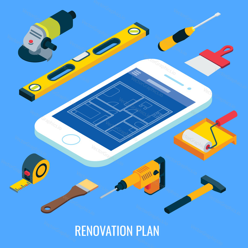 Renovation plan on smartphone vector flat isometric illustration. Smartphone with house plan blueprint on screen and home repair tool kit around it.