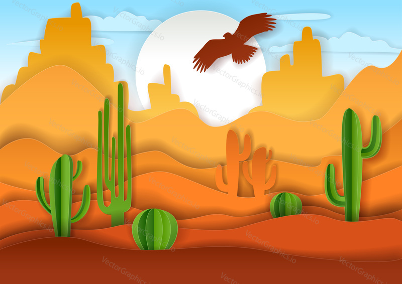 Desert landscape with cactuses and flying eagle. Vector illustration in paper art style.