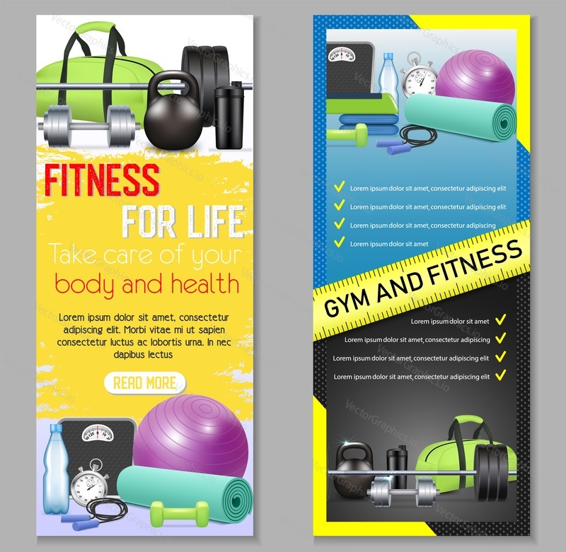 Vector fitness vertical banner set. Health and fitness, Fitness for life concept design elements, web templates.