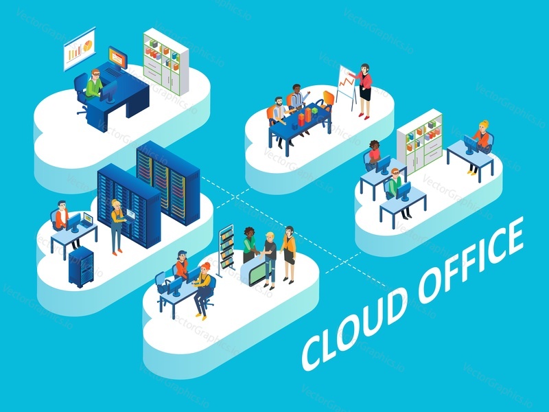 Cloud office concept. Vector isometric illustration of office rooms with personnel on clouds linked by connecting lines.