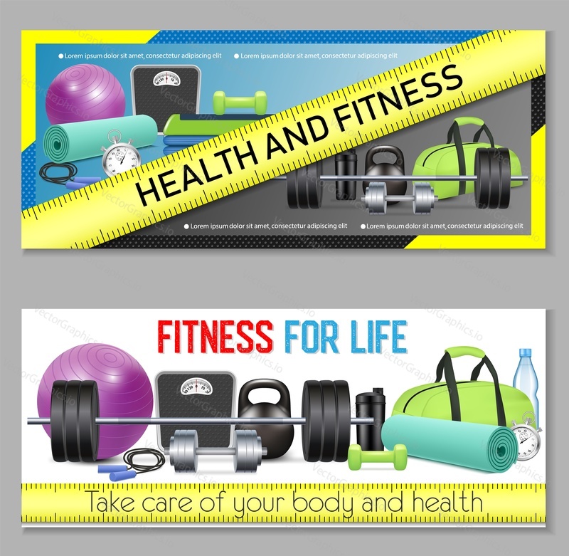 Vector fitness horizontal banner set. Health and fitness, Fitness for life concept design elements, web templates.