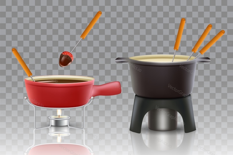 Cheese and chocolate fondue icon set. Vector realistic illustration of fondue pots fondue makers isolated on transparent background.