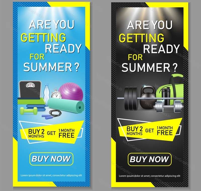 Vector fitness vertical banner set. Special gym membership offers, free passes and access to the best gym equipment and classes.