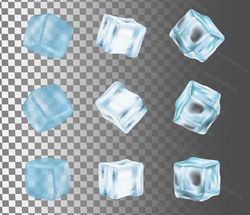 Ice cube icon set. Vector realistic illustration isolated on transparent background.