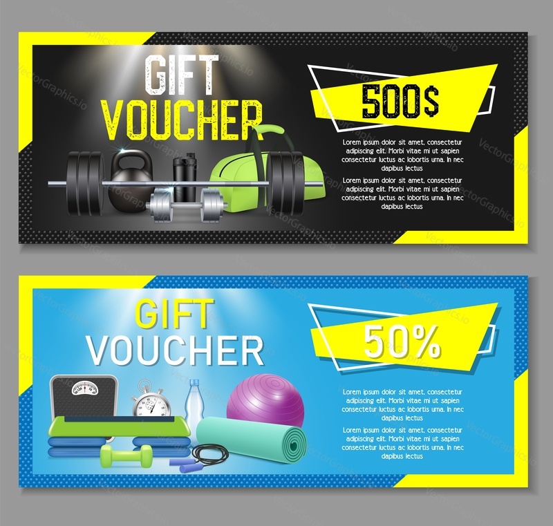 Fitness gift voucher template set. Vector illustration. Gift certificate, discount coupon, voucher mockup set for gym, fitness center or health club.