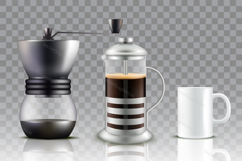 French press coffee maker, coffee grinder and coffee cup. Vector realistic illustration isolated on transparent background.