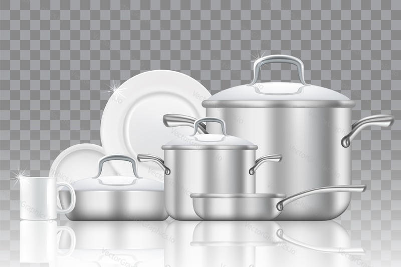 Crockery and cookware icon set. Vector realistic dishes, cup, frying pan, saucepan isolated on transparent background.