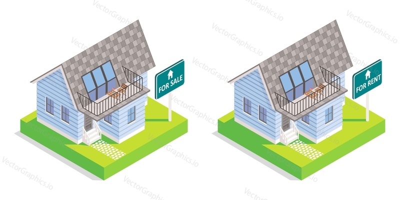 Real estate house for sale and house for rent icon set. Vector isometric illustration isolated on white background.