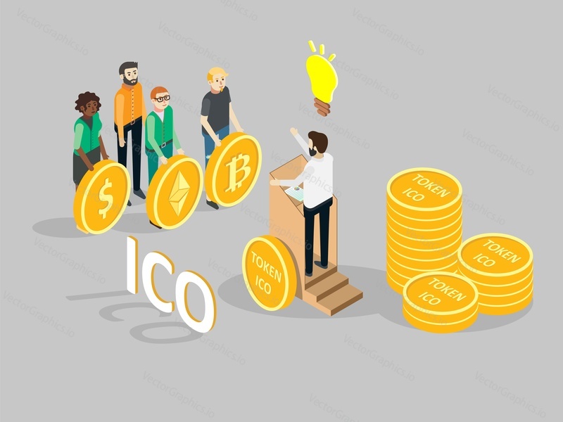 ICO concept vector isometric illustration. Businessman with light bulb giving presentation of new cryptocurrency project to investors group of people holding dollar, bitcoin, ethereum coins.