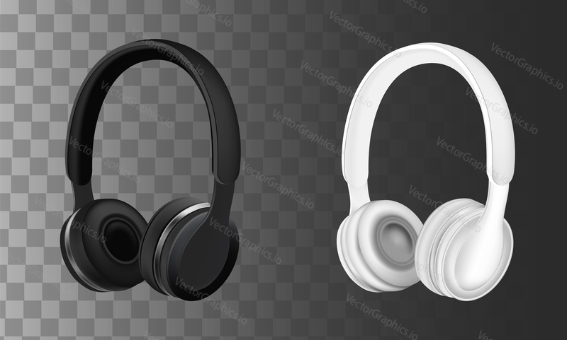 Black and white headphones earphones. Vector realistic illustration isolated on transparent background.