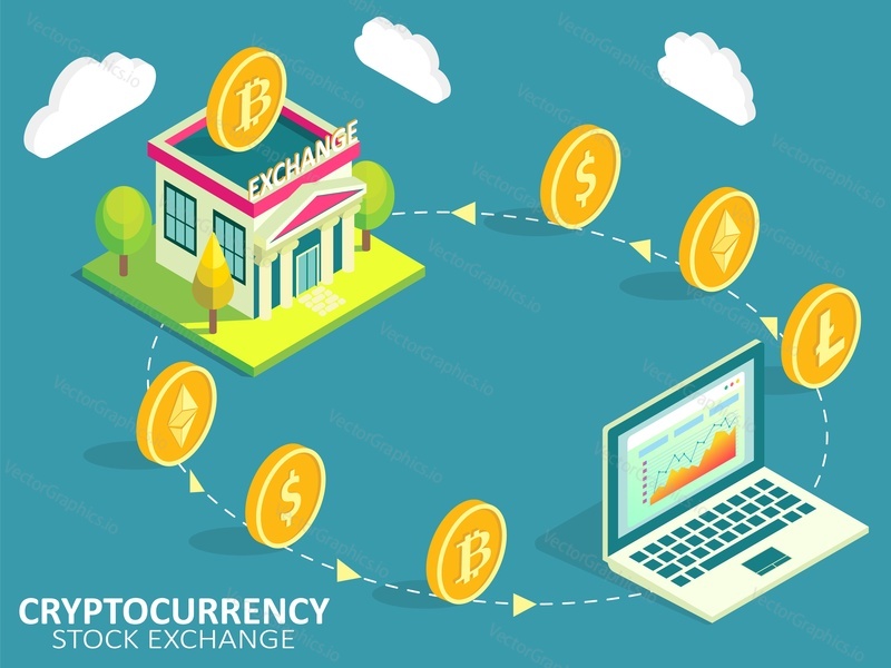 Cryptocurrency stock exchange process infographic. Vector isometric illustration. Buying, selling or exchanging cryptocurrencies for another digital currency or fiat money concept.