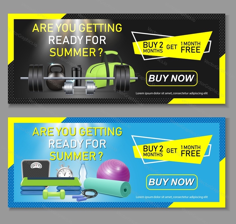 Vector fitness horizontal banner set. Special gym membership offers, free passes and access to the best gym equipment and classes.