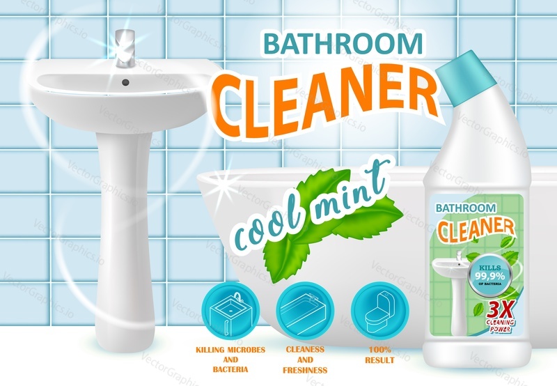 Cool mint bathroom cleaner ad design template. Vector realistic illustration. Liquid cleaning product killing bacteria brand advertising poster.