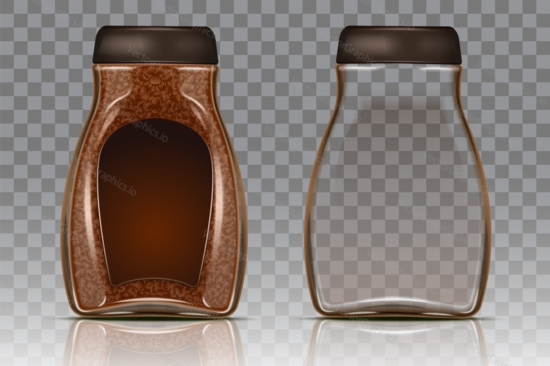 Coffee glass jar with instant coffee granules and empty jar. Vector realistic illustration isolated on transparent background. Instant coffee product packaging design template.