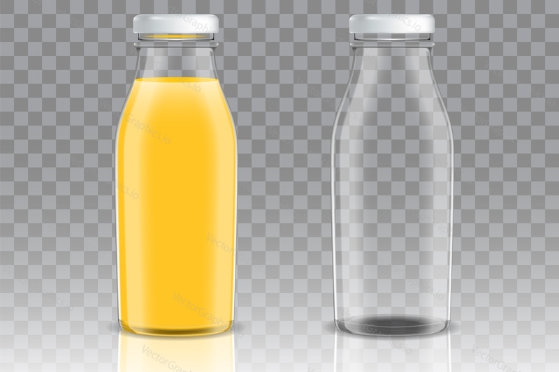 Orange juice empty and full glass bottle mockup set. Vector realistic illustration isolated on transparent background. Fruit drinks packaging design templates.