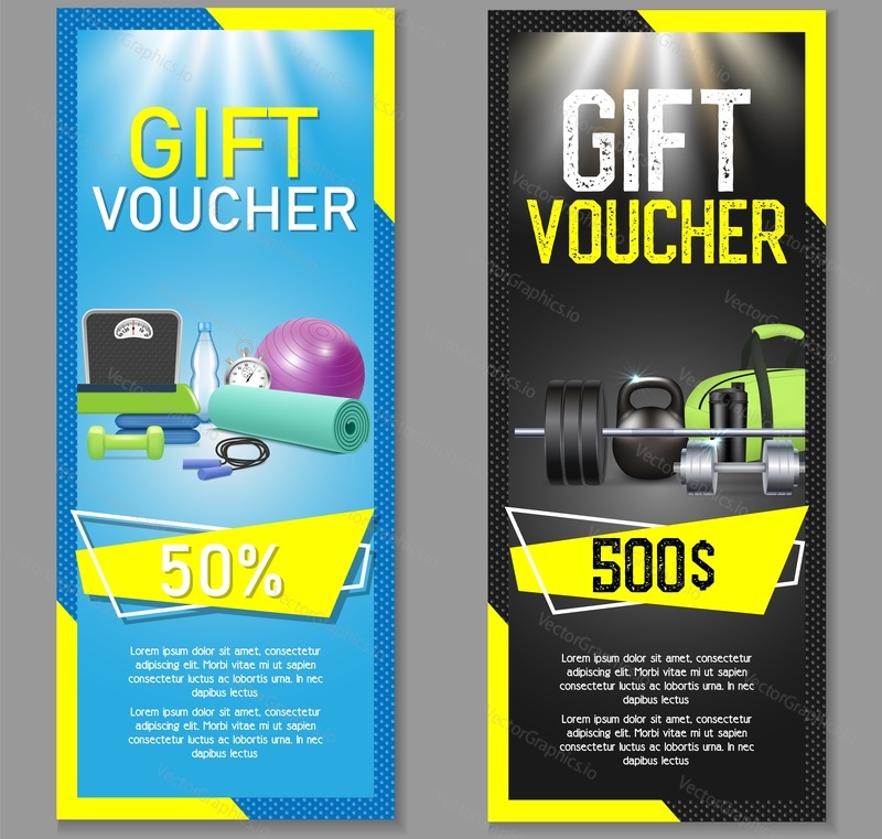 Fitness gift voucher template set. Vector illustration. Gift certificate, discount coupon, voucher mockup set for gym, fitness club or center. Fitness business promo offer cards.