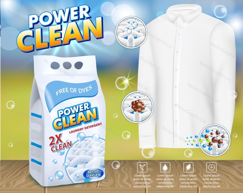 Powder laundry detergent advertising poster. Vector realistic illustration. Washing powder foil bag package design template and clean men shirt.