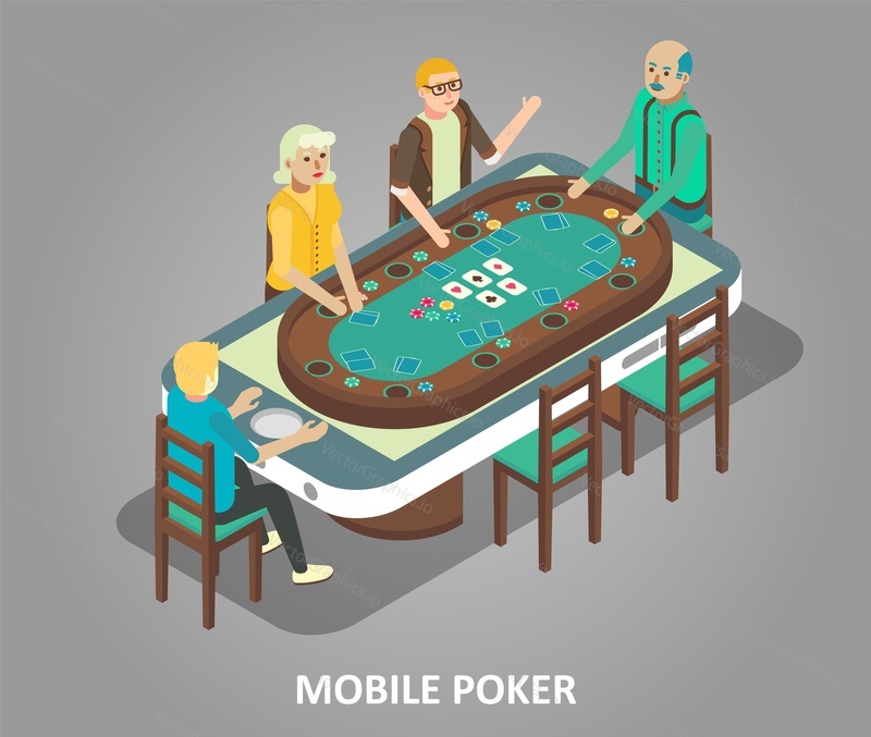 Mobile poker concept. Vector isometric illustration of gamblers playing poker game at smartphone gambling table in virtual poker room.
