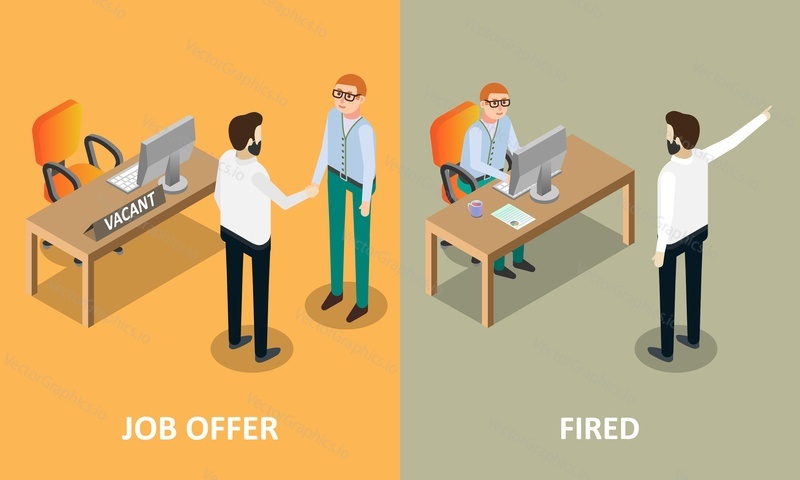 Job offer and fired concept design elements, icons. Vector isometric illustration. Boss employer shaking hands with new worker and pointing him to the door.