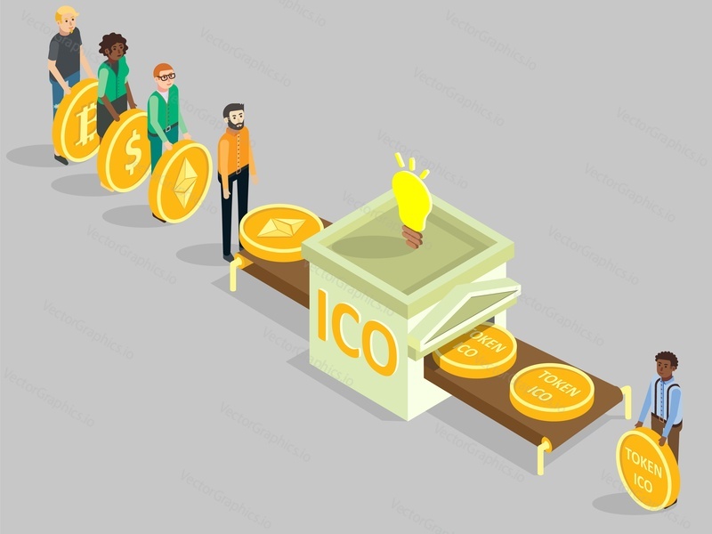 ICO concept vector isometric illustration. Multi-ethnic group of people with dollar, bitcoin, ethereum coins buying ico tokens while making investments into new cryptocurrency project.