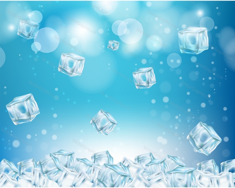 Ice cube wallpaper. Vector realistic illustration. Frozen water cube shape abstract background.