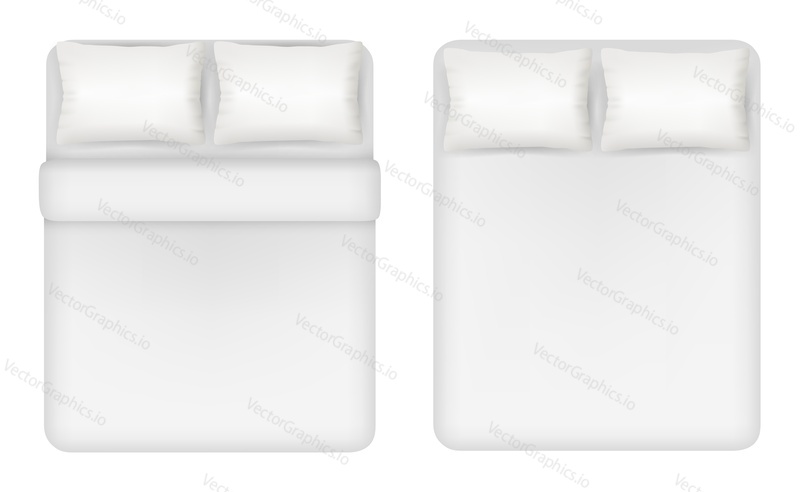 White bedding set. Two beds with pillows, linen vector top view realistic illustration.