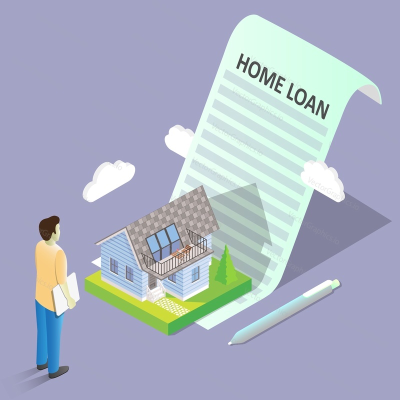 Home loan concept vector isometric illustration. Home mortgage document agreement with house and man borrowing money to buy it.