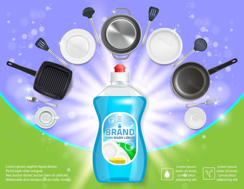 Dishwashing liquid products advertising poster. Vector realistic illustration of dish detergent brand bottle design template and clean plates, cups, cutlery and cooking utensils.
