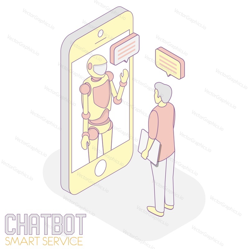 Chatbot customer service robot concept vector isometric illustration. Man chatting with chat bot ready to help him while using smartphone.