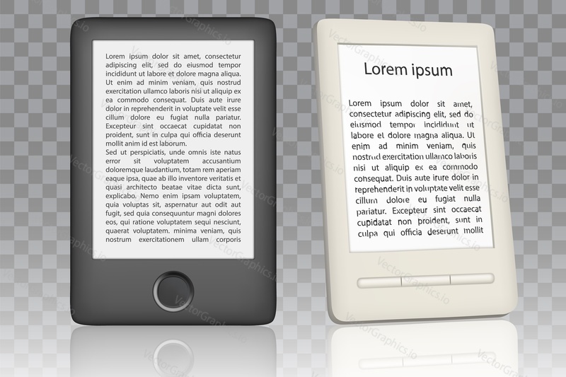 White and black e-book reader mockup set. Vector realistic illustration isolated on transparent background. E-reader portable electronic device design templates.